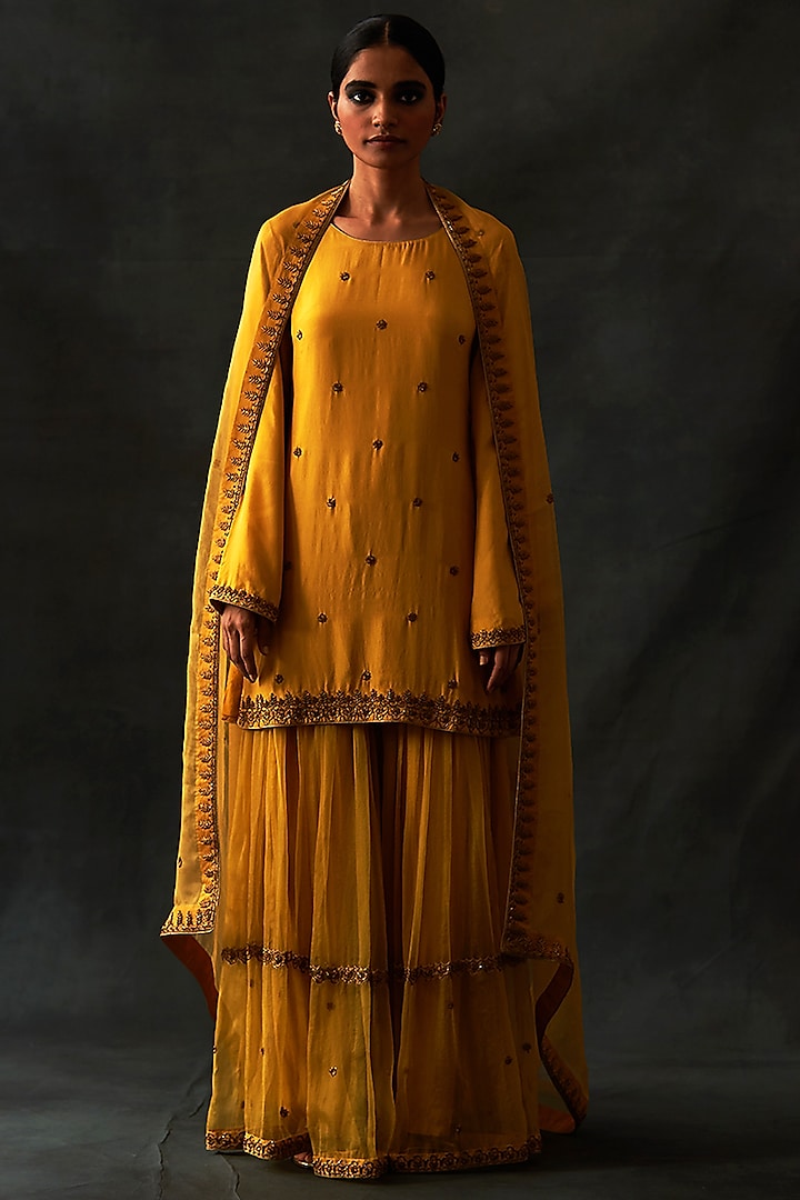 Mustard Habutai Silk Embellished Sharara Set by Nishar Ahmed at Pernia's Pop Up Shop