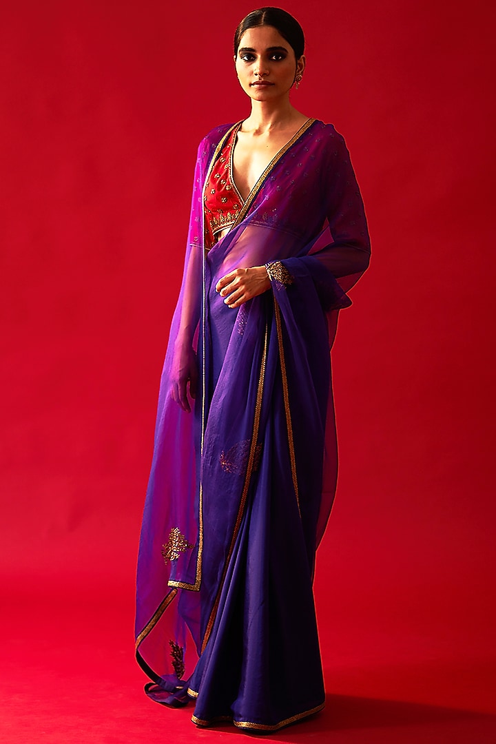 Purple Habutai Silk & Organza Embellished Saree by Nishar Ahmed at Pernia's Pop Up Shop