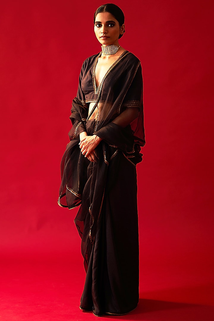 Black Habutai Silk & Organza Embellished Saree by Nishar Ahmed at Pernia's Pop Up Shop