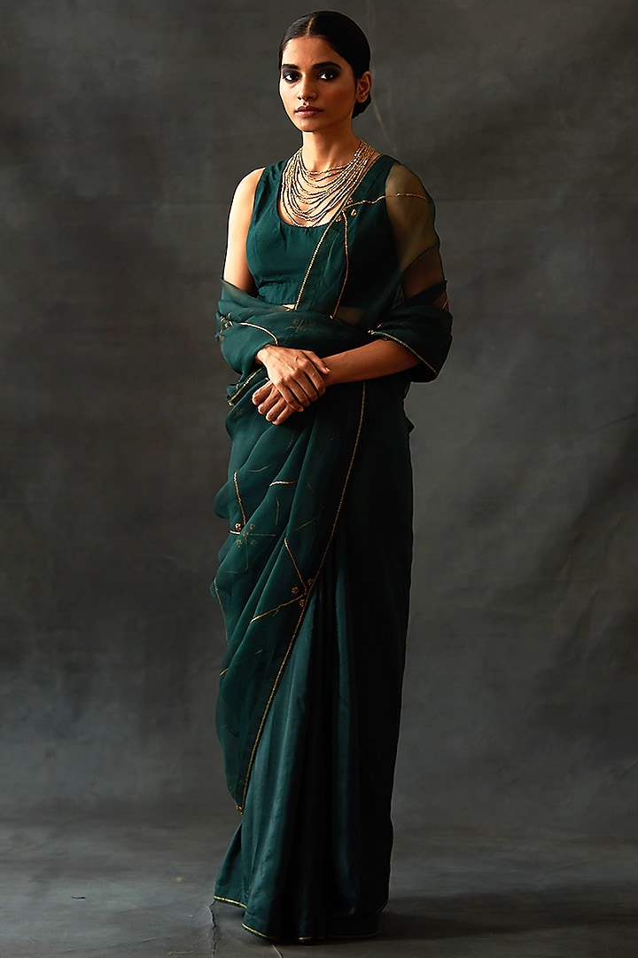 Emerald Habutai Silk & Organza Embellished Saree by Nishar Ahmed at Pernia's Pop Up Shop