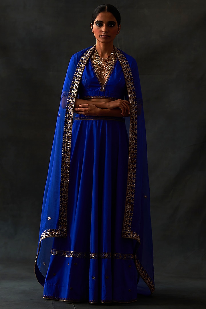 Electric Blue Habutai Silk Embellished Wedding Lehenga Set by Nishar Ahmed at Pernia's Pop Up Shop