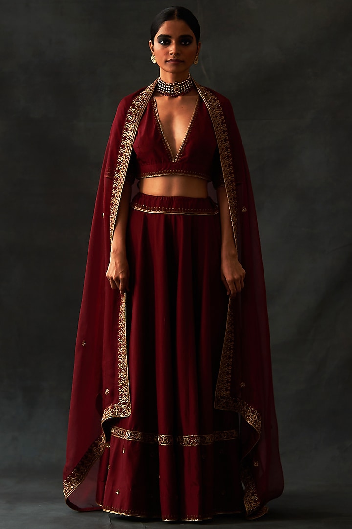 Dark Maroon Habutai Silk Embellished Wedding Lehenga Set by Nishar Ahmed at Pernia's Pop Up Shop