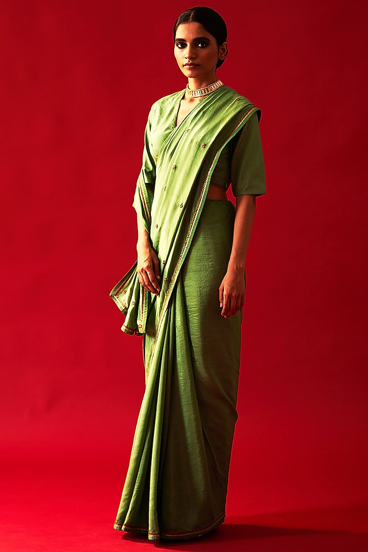 Mint Green Habutai Silk Embellished Saree by Nishar Ahmed at Pernia's Pop Up Shop