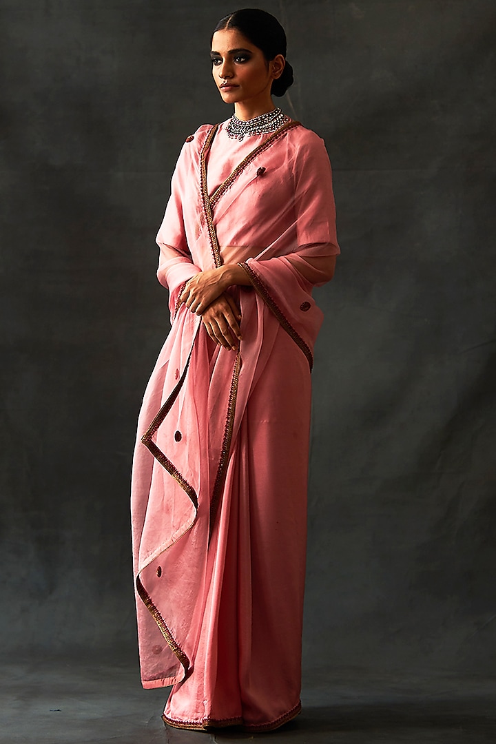 Old Rose Habutai Silk & Organza Embellished Saree by Nishar Ahmed at Pernia's Pop Up Shop