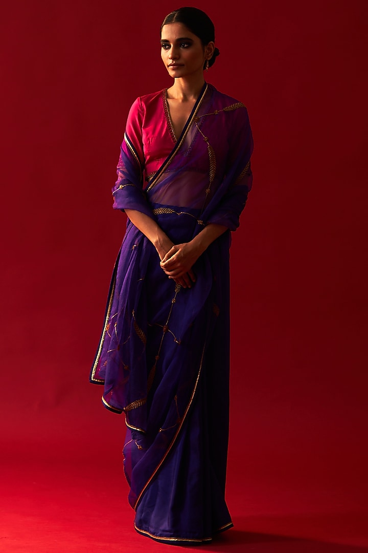 Purple Habutai Silk & Organza Embellished Saree by Nishar Ahmed at Pernia's Pop Up Shop