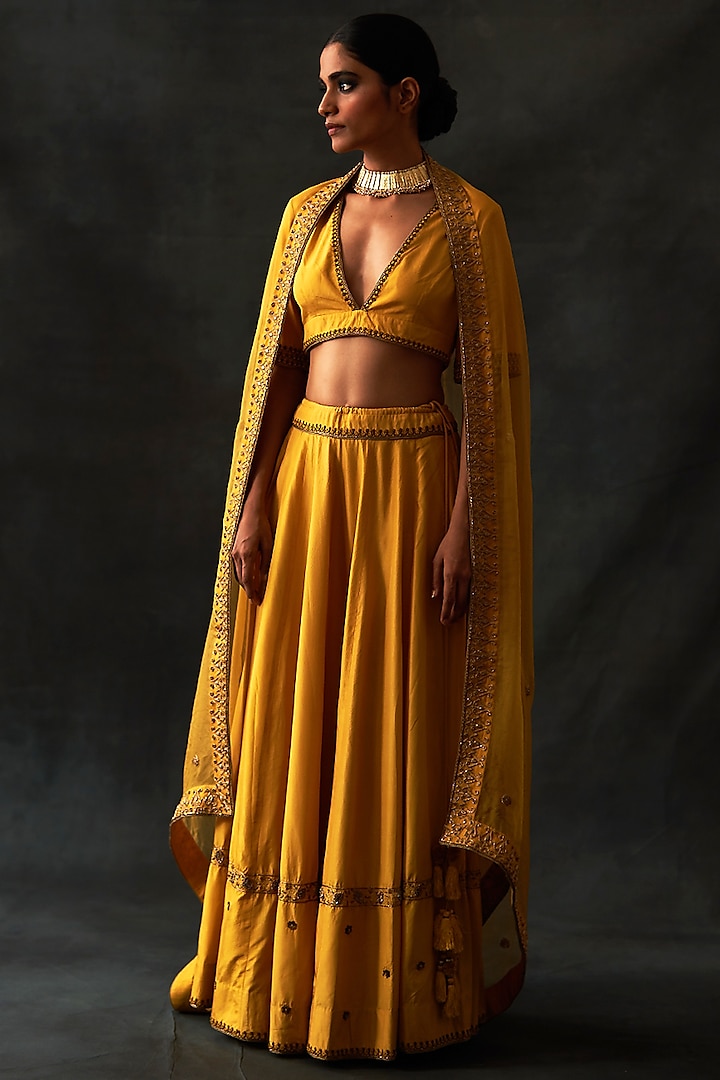 Mustard Habutai Silk Embellished Wedding Lehenga Set by Nishar Ahmed at Pernia's Pop Up Shop