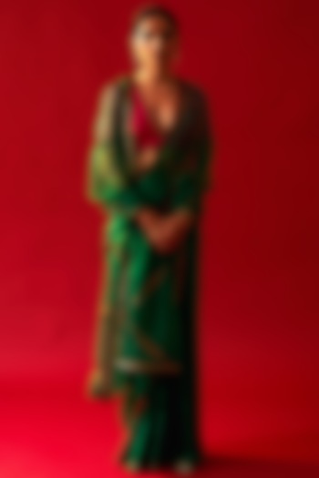 Emerald Green Habutai Silk & Organza Saree by Nishar Ahmed at Pernia's Pop Up Shop