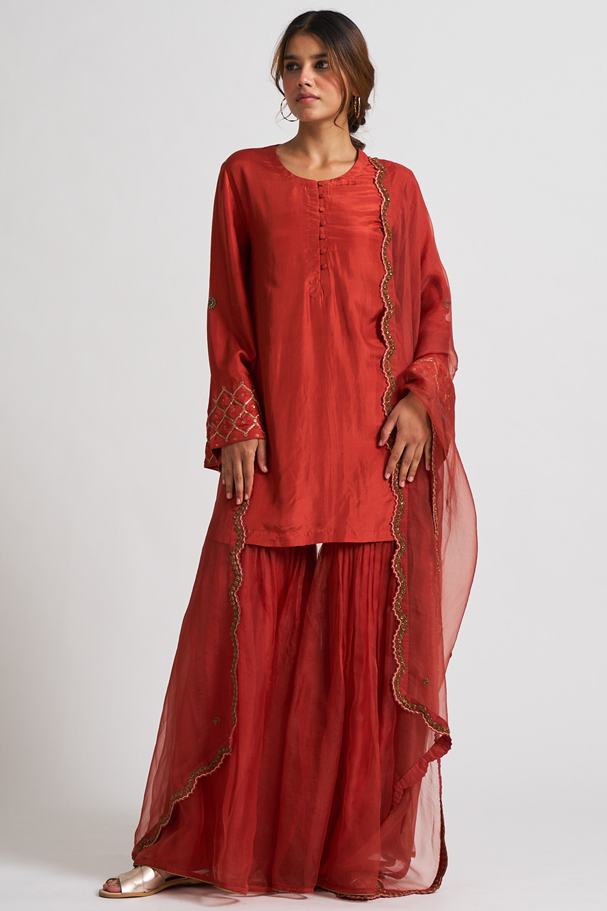 Rust Zardosi Embroidered Wedding Sharara Set by Nishar Ahmed at Pernia's Pop Up Shop