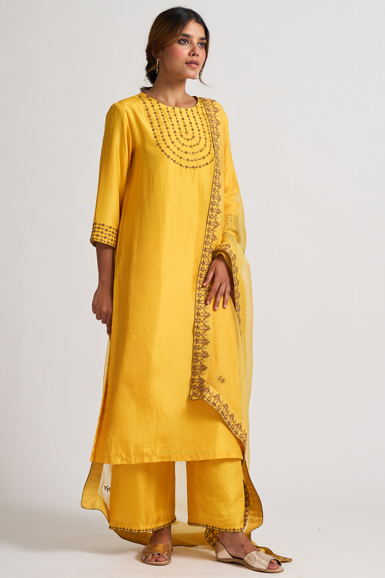 Bumblebee Yellow Marodi Embroidered Kurta Set by Nishar Ahmed at Pernia's Pop Up Shop
