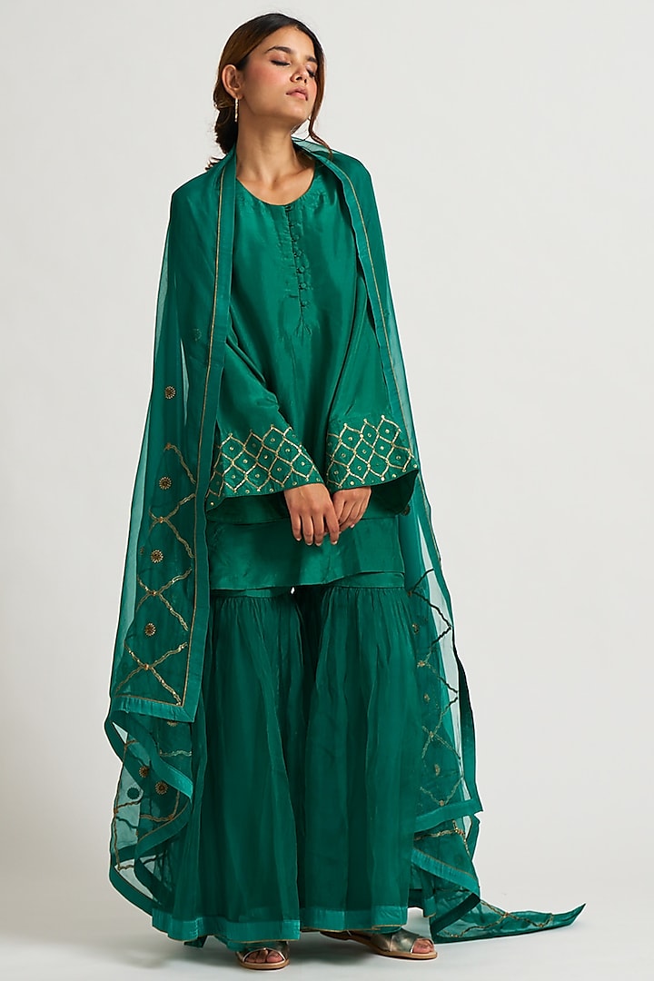 Emerald Green Marodi Embroidered Sharara Set by Nishar Ahmed