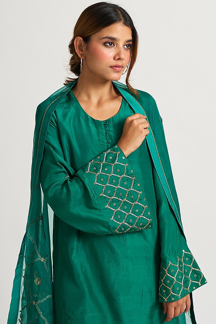 Emerald Green Marodi Embroidered Wedding Sharara Set by Nishar Ahmed at Pernia's Pop Up Shop