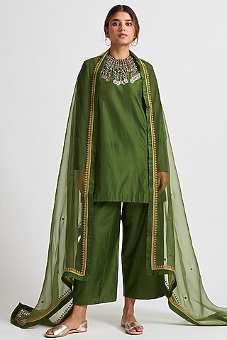 Moss Green Marodi Embroidered Kurta Set by Nishar Ahmed