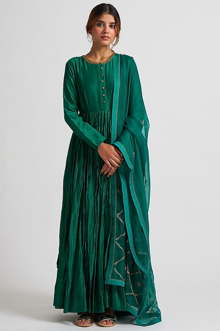 Emerald Green Marodi Embroidered Anarkali Set by Nishar Ahmed