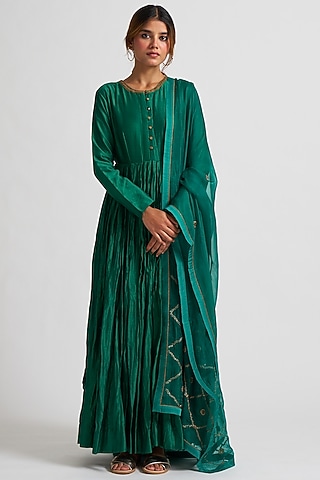 Emerald Green Marodi Embroidered Anarkali Set by Nishar Ahmed