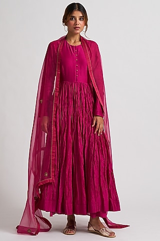 Magenta Chanderi Anarkali Set by Nishar Ahmed