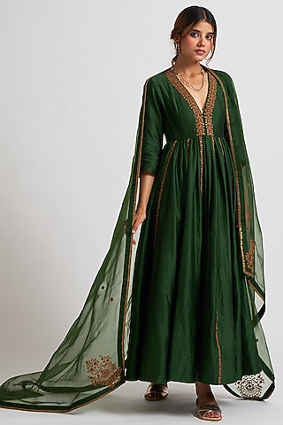 Olive Chanderi Anarkali Set by Nishar Ahmed