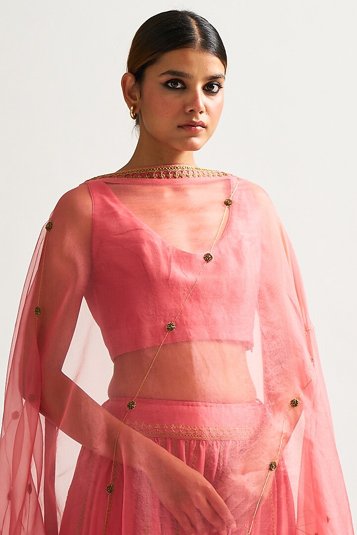 Peach Chanderi Wedding Lehenga Set by Nishar Ahmed at Pernia's Pop Up Shop