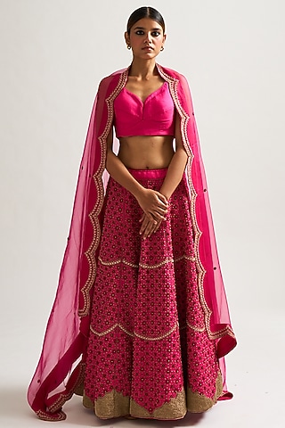 Rani Pink Hand Embroidered Lehenga Set by Nishar Ahmed