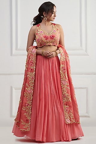 Coral Peach Georgette Lehenga Set by Nishta Studio