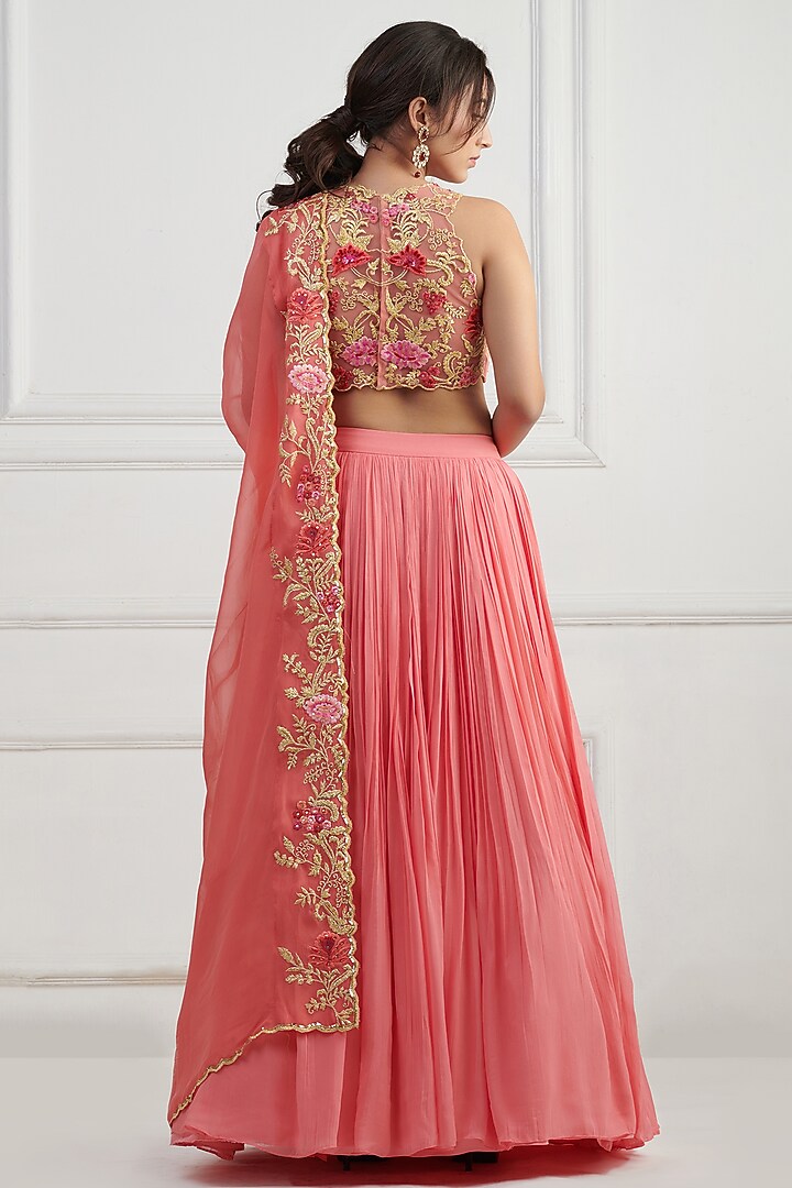 Coral Peach Georgette Wedding Lehenga Set by Nishta Studio at Pernia's Pop Up Shop