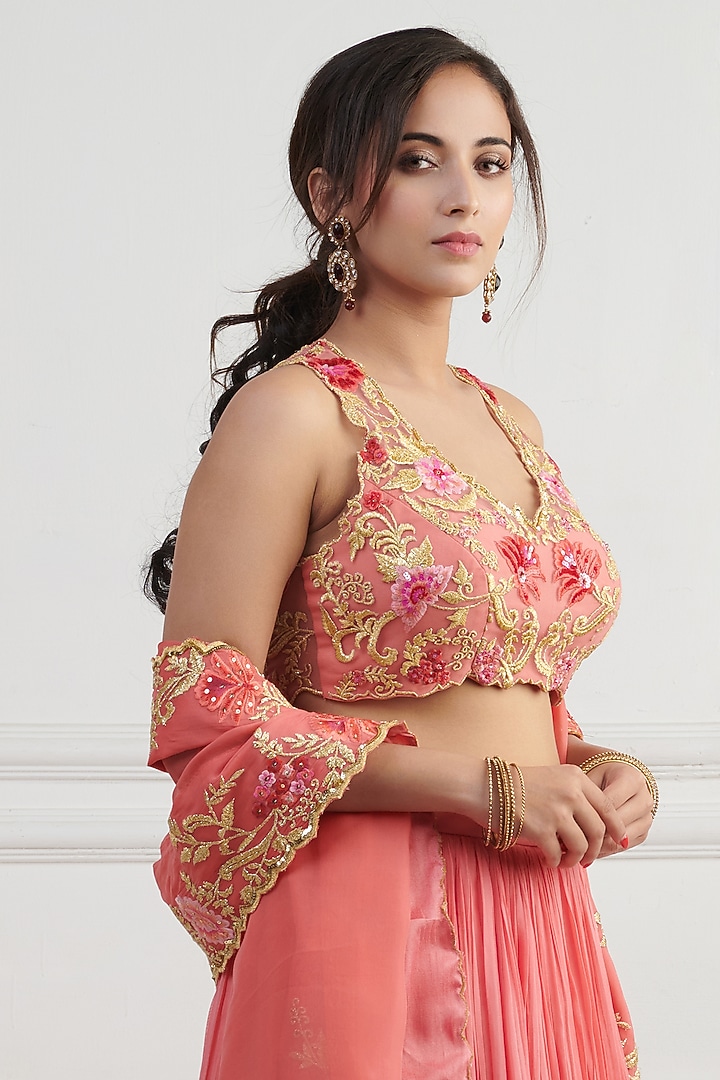 Coral Peach Georgette Wedding Lehenga Set by Nishta Studio at Pernia's Pop Up Shop
