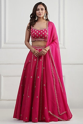 Pink Georgette Hand Embroidered Lehenga Set by Nishta Studio