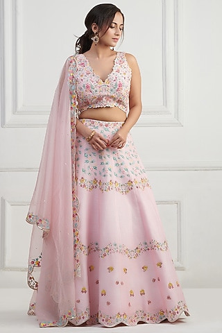 Powder Pink Raw Silk Hand Embroidered Lehenga Set by Nishta Studio