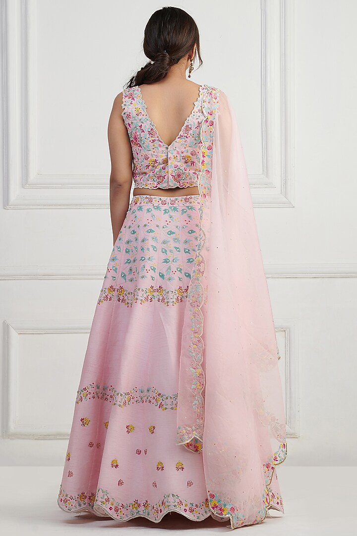 Powder Pink Raw Silk Hand Embroidered Wedding Lehenga Set by Nishta Studio at Pernia's Pop Up Shop