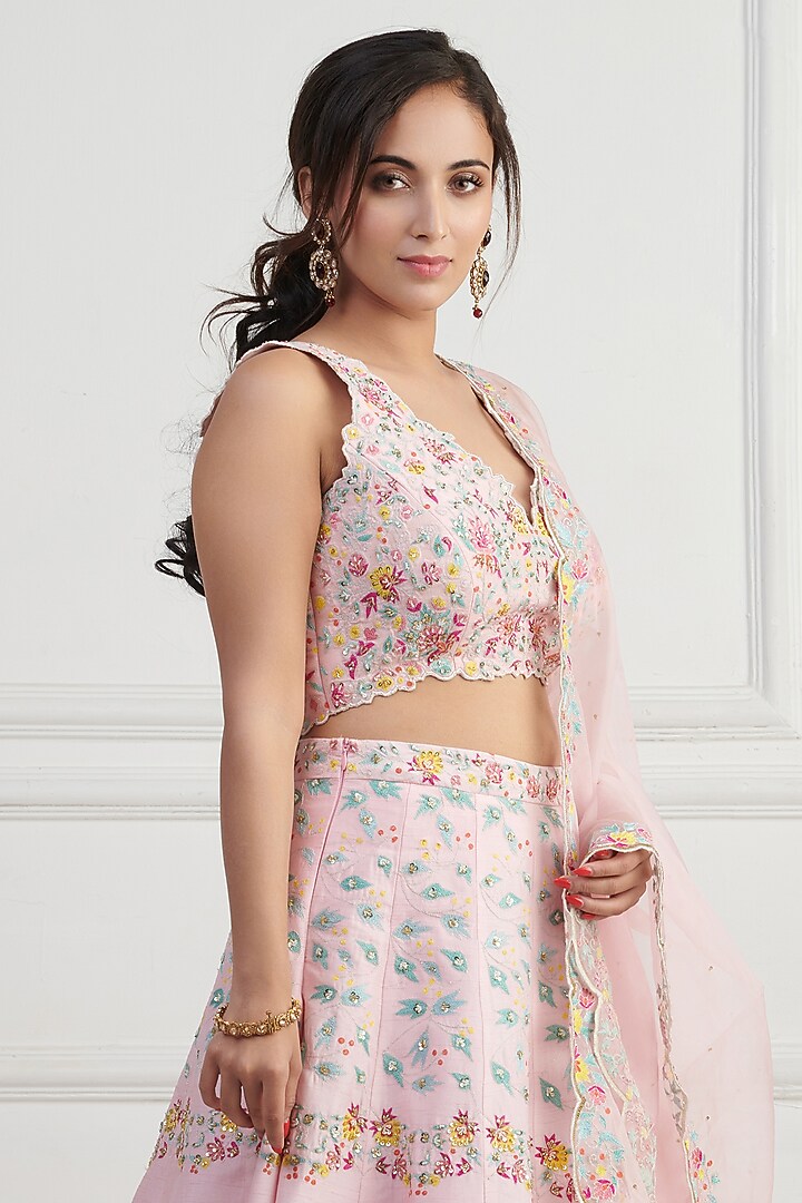 Powder Pink Raw Silk Hand Embroidered Wedding Lehenga Set by Nishta Studio at Pernia's Pop Up Shop