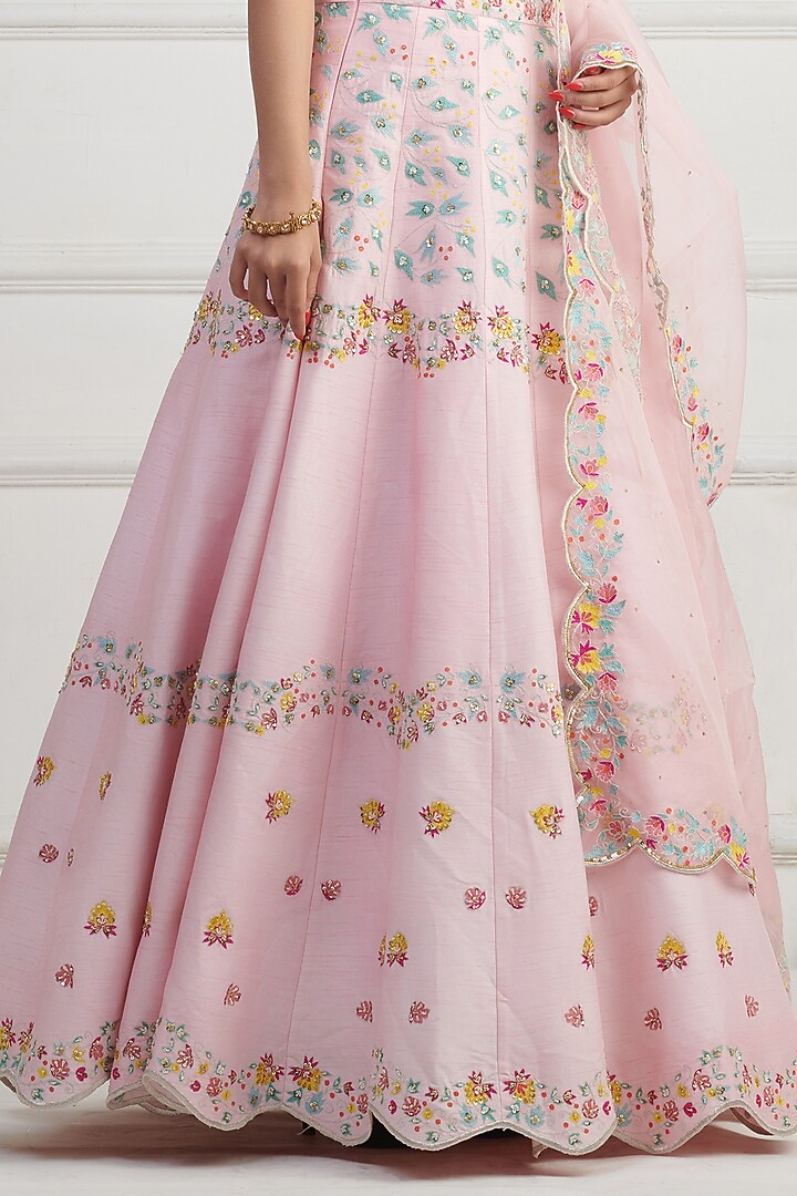 Powder Pink Raw Silk Hand Embroidered Wedding Lehenga Set by Nishta Studio at Pernia's Pop Up Shop