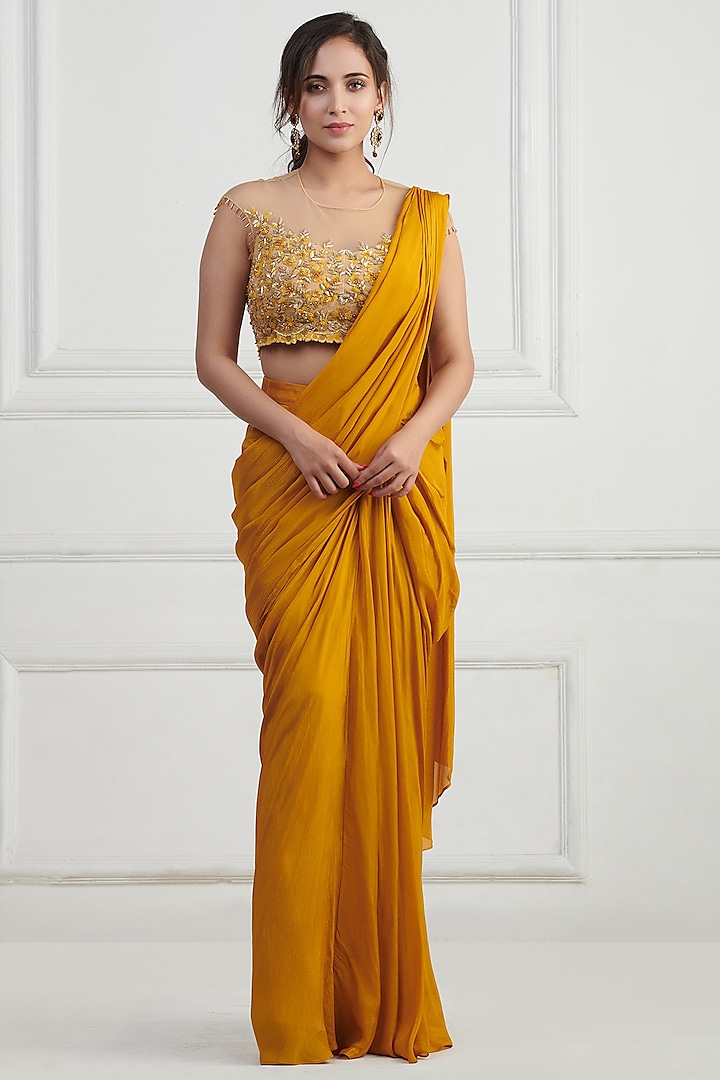 Yellow Chiffon Satin Hand Embroidered Gown Saree With Blouse by Nishta Studio