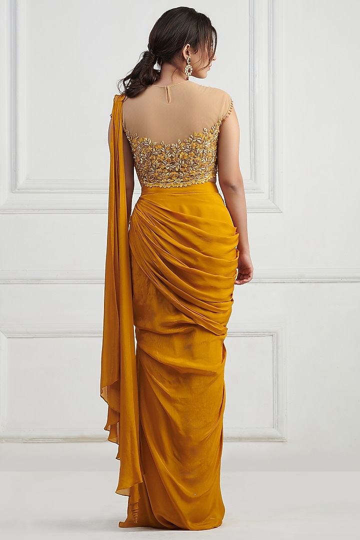 Yellow Chiffon Satin Hand Embroidered Wedding Gown Saree With Blouse by Nishta Studio at Pernia's Pop Up Shop