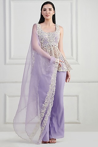 Lilac Net Embroidered Short Kurta Set by Nishta Studio
