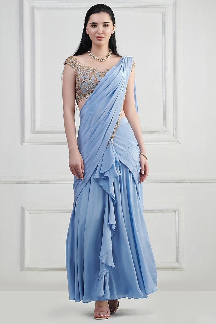 Blue Crepe Hand Embroidered Gown Saree With Blouse by Nishta Studio