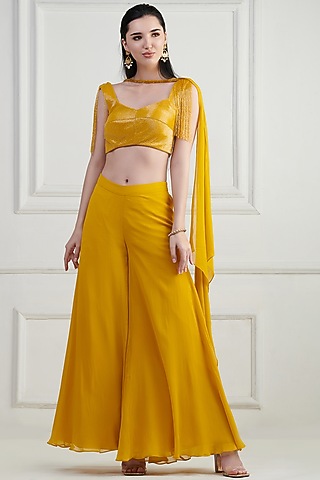 Mustard Gold Yellow Georgette Sharara Set by Nishta Studio