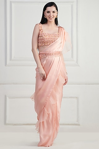 Peach Imported Satin Embroidered Saree Set by Nishta Studio