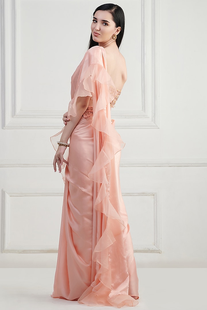 Peach Imported Satin Embroidered Wedding Saree Set by Nishta Studio at Pernia's Pop Up Shop