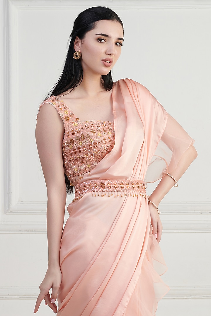 Peach Imported Satin Embroidered Wedding Saree Set by Nishta Studio at Pernia's Pop Up Shop