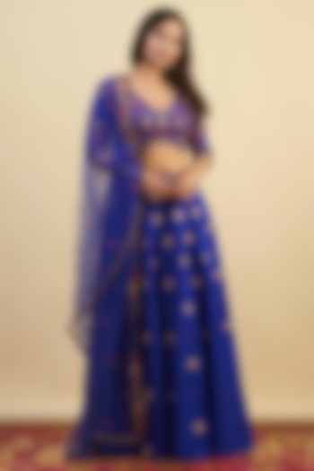 Blue Raw Silk Hand Embroidered Wedding Lehenga Set by Nishta Studio at Pernia's Pop Up Shop