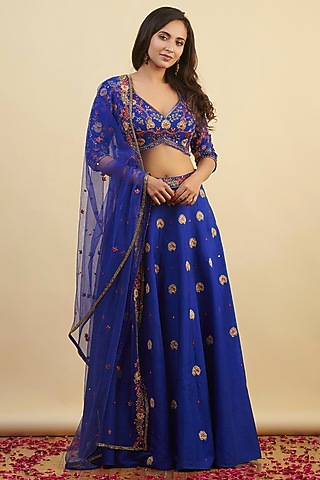 Blue Raw Silk Hand Embroidered Lehenga Set by Nishta Studio
