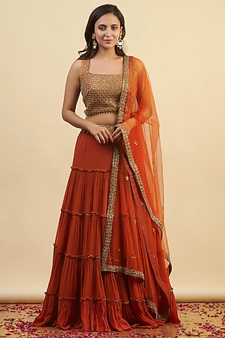 Orange Rust Georgette Hand Embroidered Lehenga Set by Nishta Studio