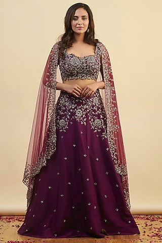 Purple Raw Silk Hand Embroidered Lehenga Set by Nishta Studio