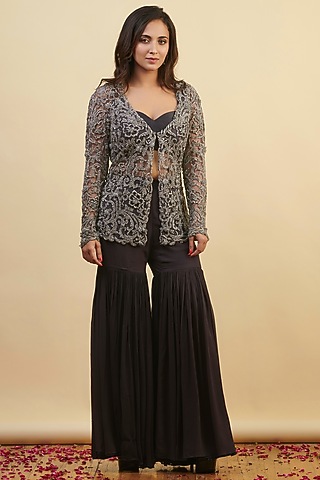 Grey Net Hand Embroidered Jacket Set by Nishta Studio