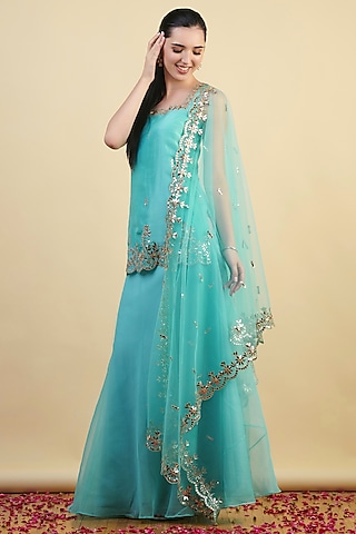 Blue Organza Lehenga Set by Nishta Studio