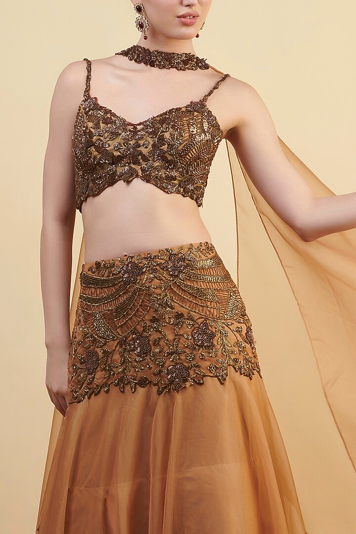 Gold Organza Hand Embroidered Wedding Lehenga Set by Nishta Studio at Pernia's Pop Up Shop