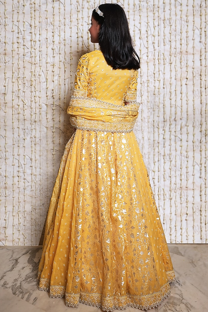 Yellow Chanderi Cotton Printed & Embroidered Lehenga Set For Girls by Nitya Bajaj Miniature at Pernia's Pop Up Shop