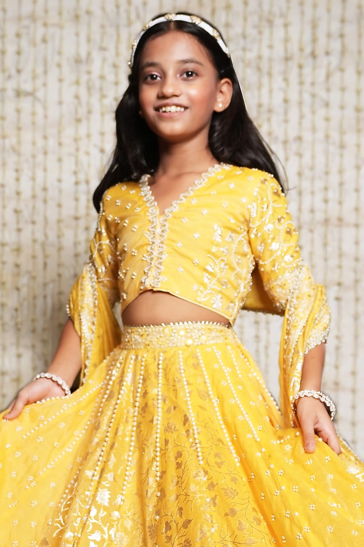 Yellow Chanderi Cotton Printed & Embroidered Lehenga Set For Girls by Nitya Bajaj Miniature at Pernia's Pop Up Shop