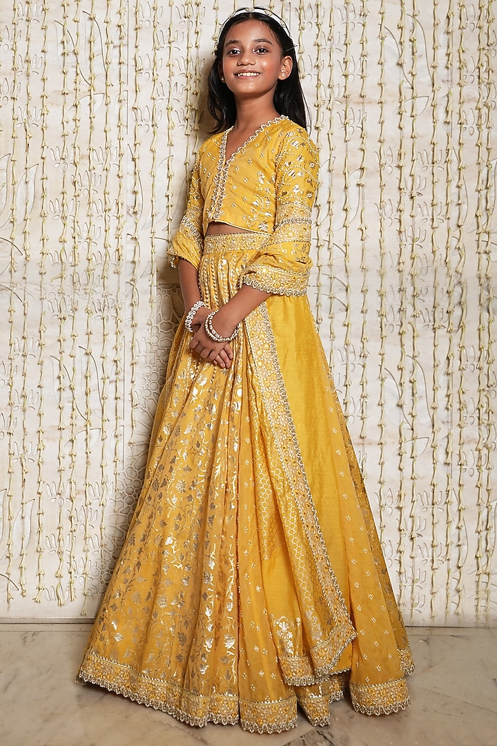 Yellow Chanderi Cotton Printed & Embroidered Lehenga Set For Girls by Nitya Bajaj Miniature at Pernia's Pop Up Shop