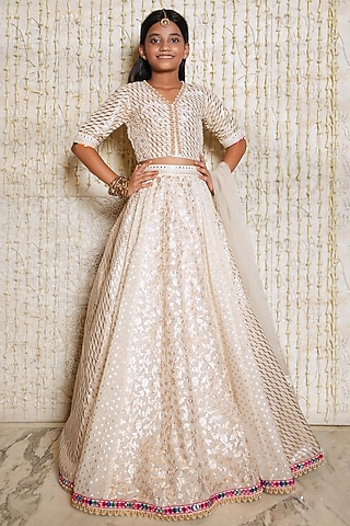 Ivory Chanderi Cotton Printed & Embroidered Lehenga Set For Girls by Nitya Bajaj Miniature