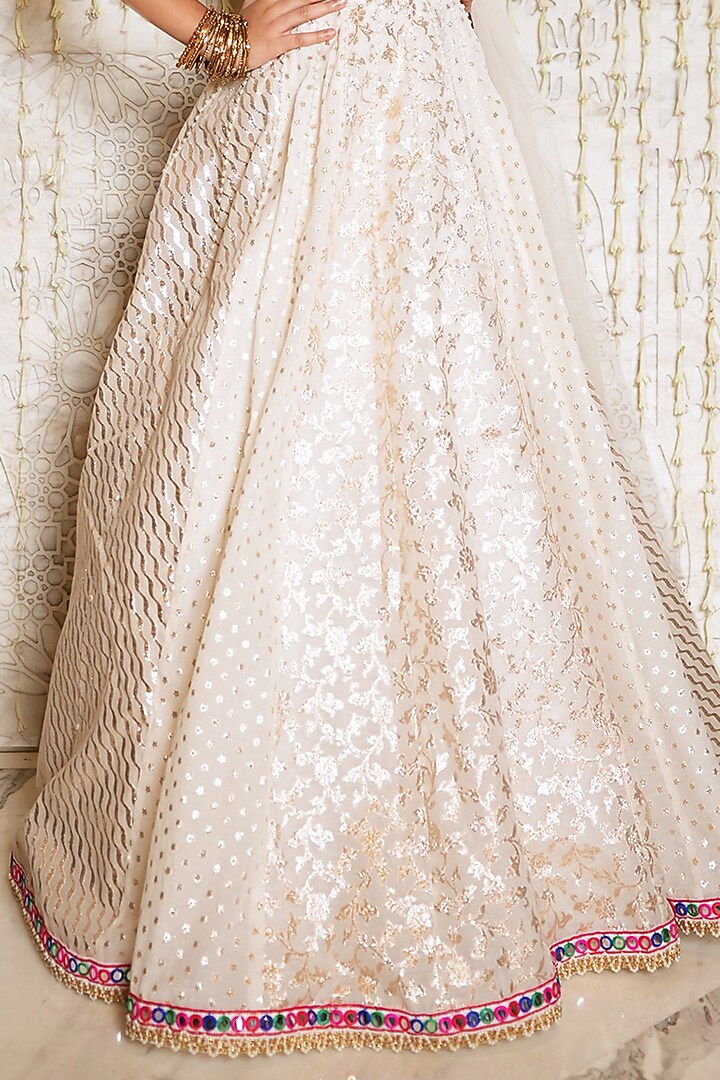 Ivory Chanderi Cotton Printed & Embroidered Lehenga Set For Girls by Nitya Bajaj Miniature at Pernia's Pop Up Shop